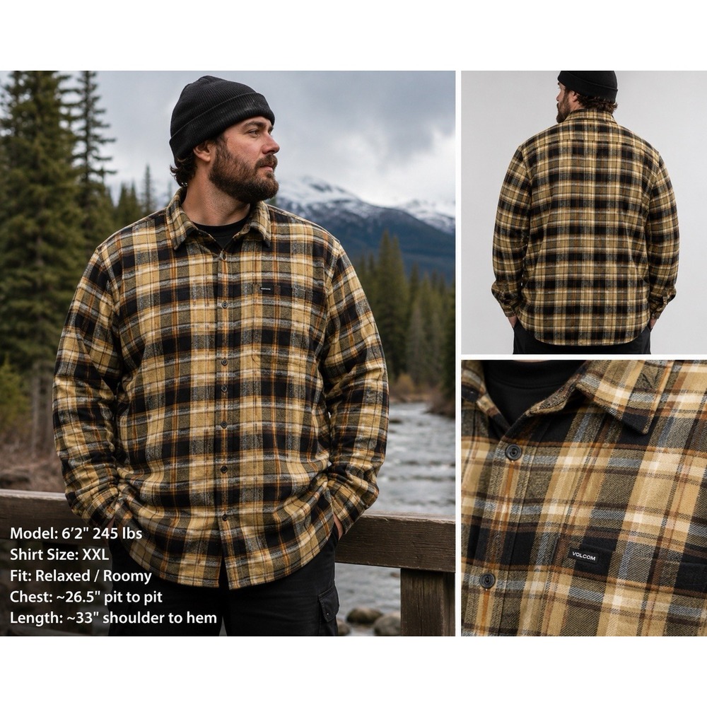 Volcom Men's XXL Flannel Shirt Brown Tan Black Plaid 100% Cotton Classic Fit